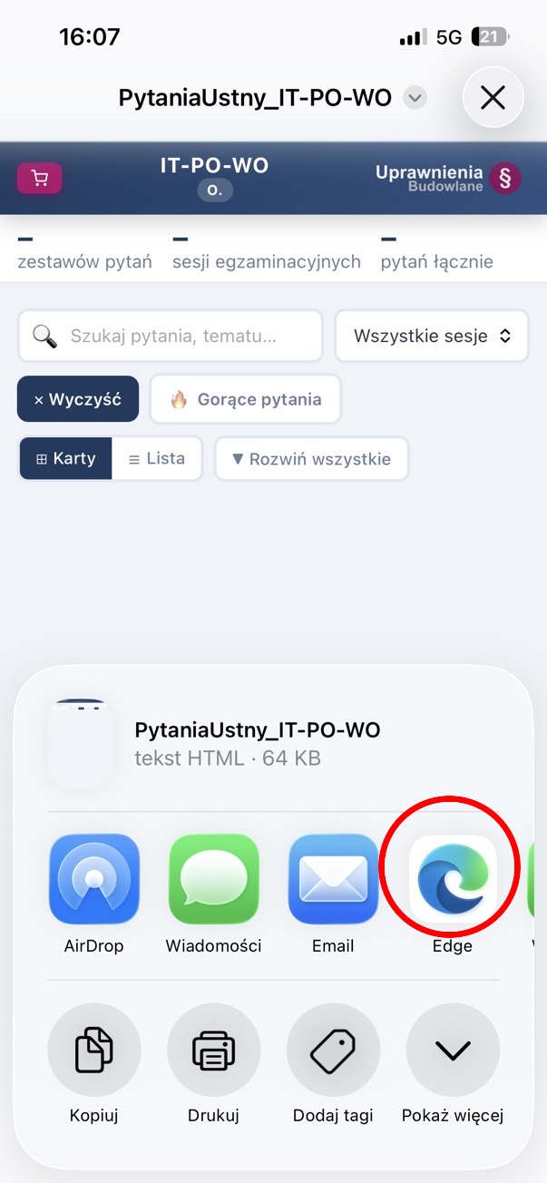 Arkusz udostępniania z ikoną Edge