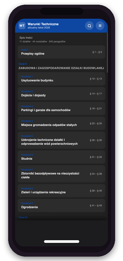 Aplikacja Warunki Techniczne na ekranie telefonu